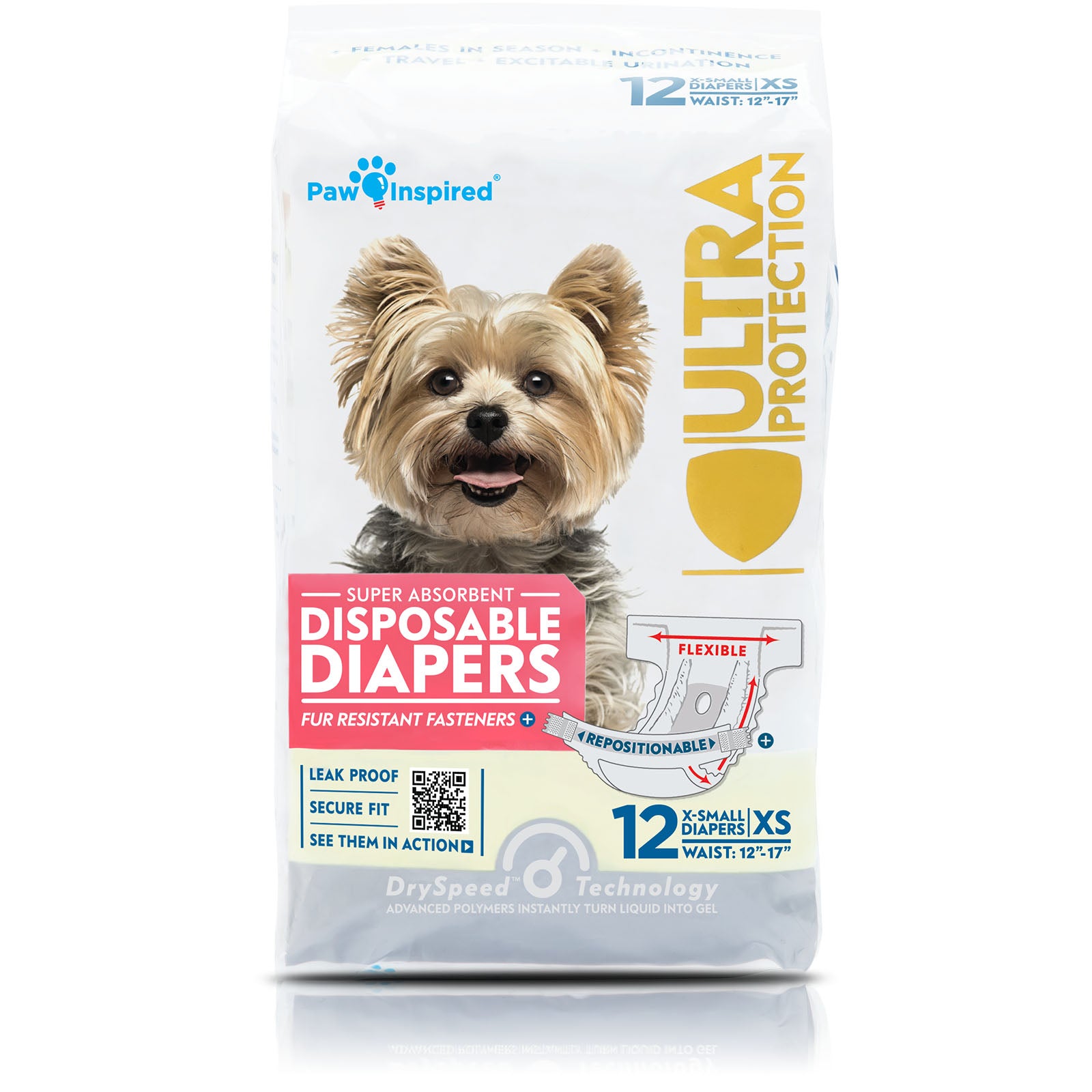 Upright pack of Paw Inspired disposable dog diapers for extra small dogs, Yorkie image and 12-count pack