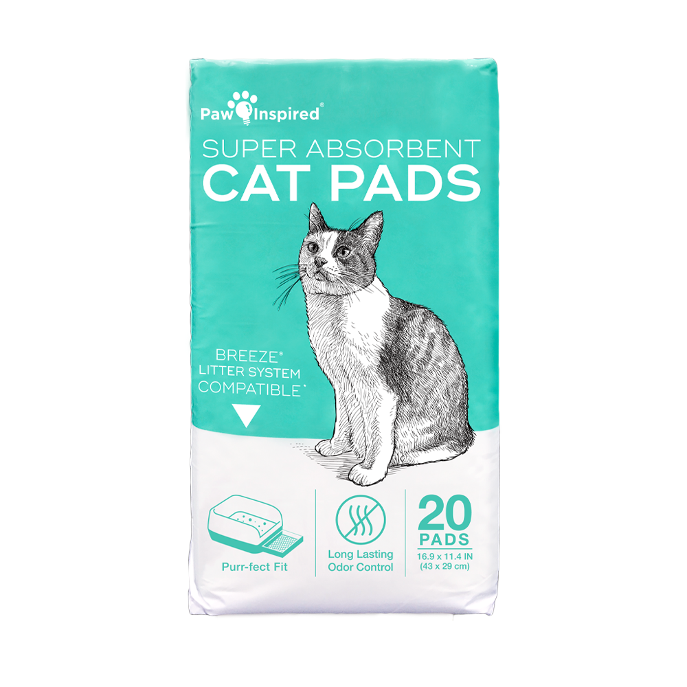 Paw Inspired Super Absorbent Cat Pads packaging featuring a black and white cat illustration. Tidy litter system compatible, with icons highlighting Purr-fect Fit and long-lasting odor control