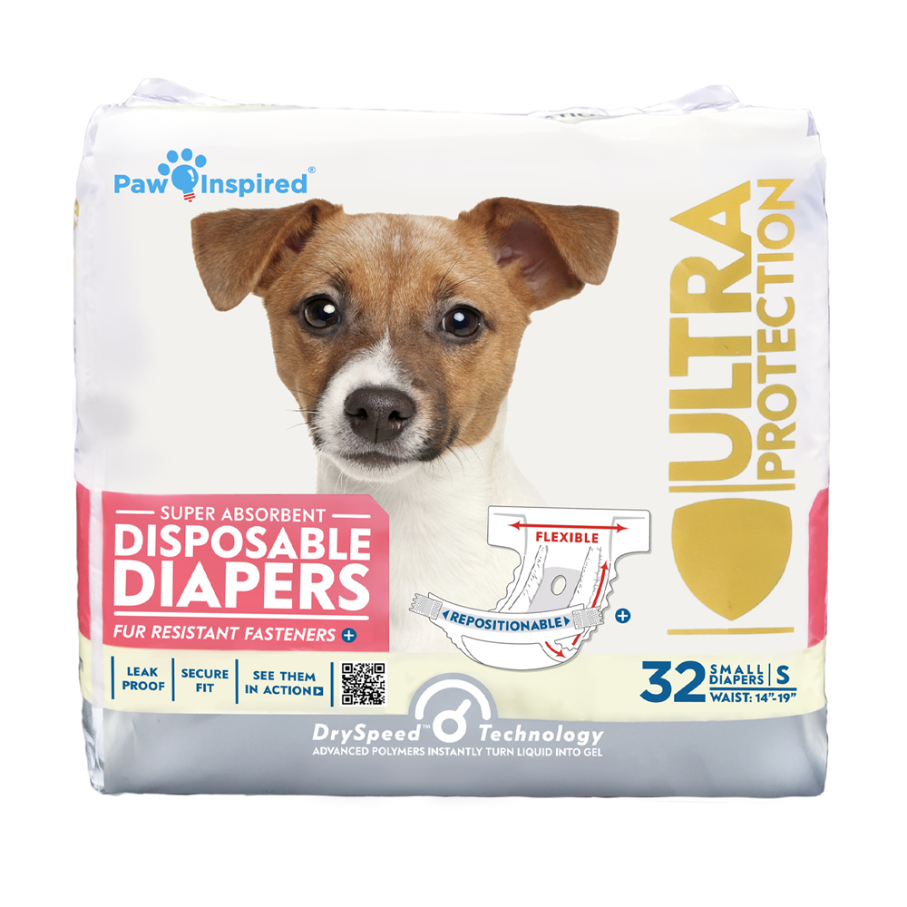 Paw Inspired disposable dog diaper packaging for small dogs, featuring Jack Russell and Ultra Protection shield