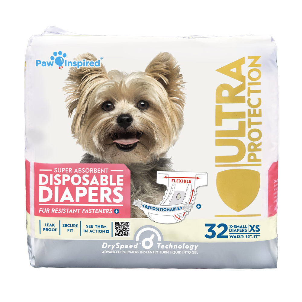 Paw Inspired disposable dog diaper packaging for extra small dogs, featuring Yorkie model and Ultra Protection label
