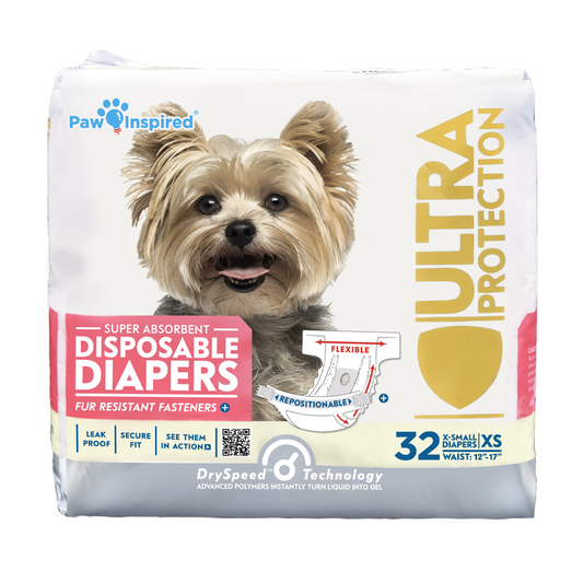 Paw Inspired disposable dog diaper packaging for extra small dogs, featuring Yorkie model and Ultra Protection label
