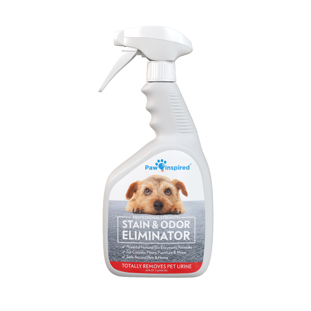Paw Inspired stain and odor eliminator spray bottle with a dog image on the label. Designed for pet urine removal.