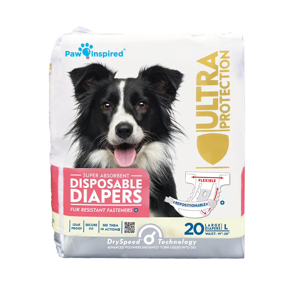 Large dog diaper packaging by Paw Inspired, featuring Border Collie and Ultra Protection branding
