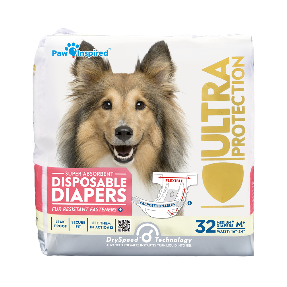 Paw Inspired disposable dog diaper packaging for medium dogs, featuring Collie and flexible leakproof diaper diagram