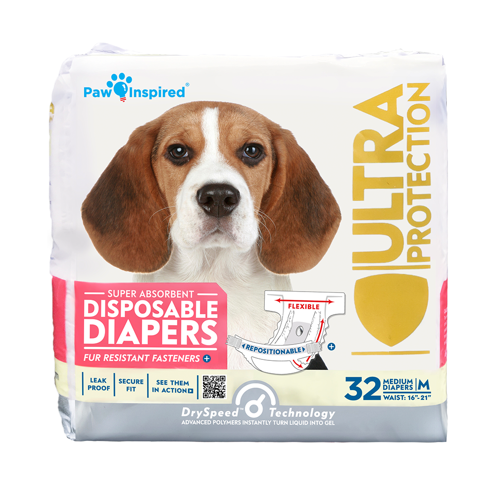 Disposable dog diaper packaging with Beagle on front, labeled for medium dogs, Paw Inspired Ultra Protection