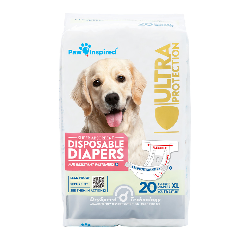 Paw Inspired disposable dog diaper packaging for extra large dogs, showing Golden Retriever and DrySpeed Technology label